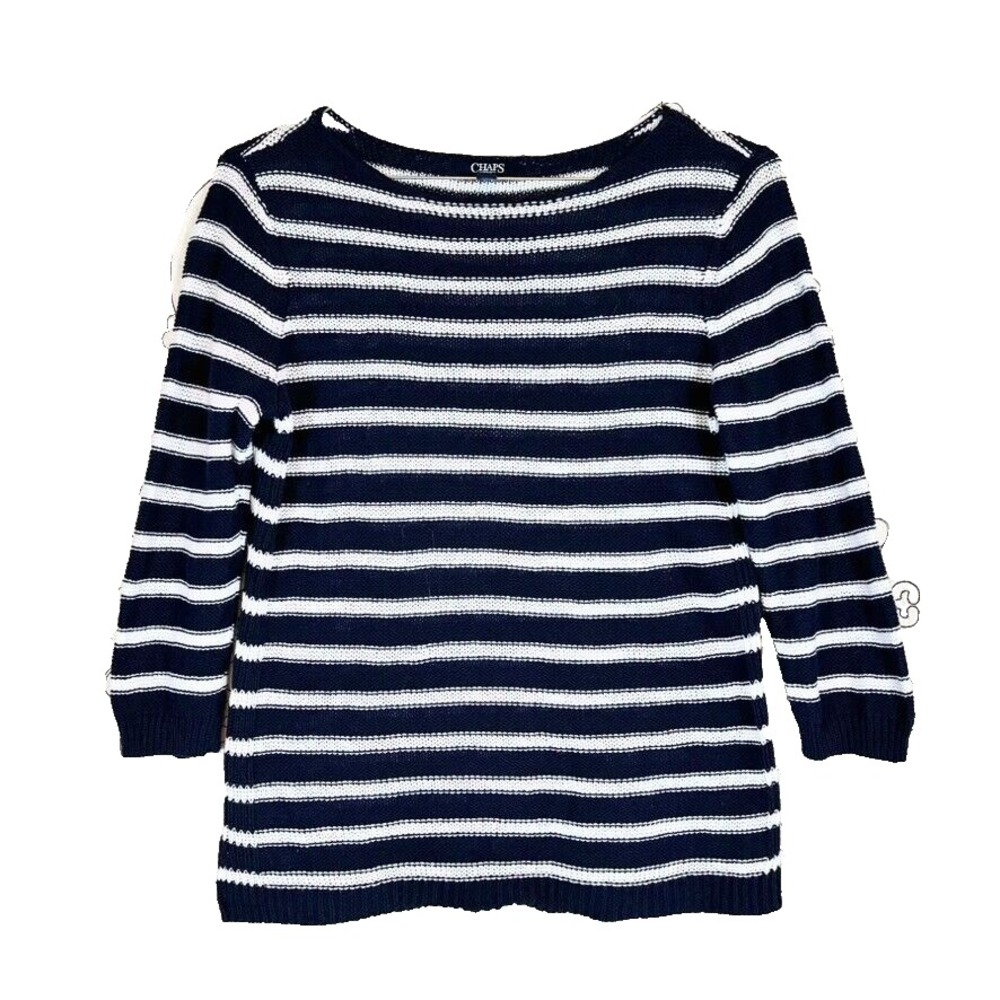 Chaps Denim Womens Navy Blue White Striped Boatneck Knit Sweater Medium